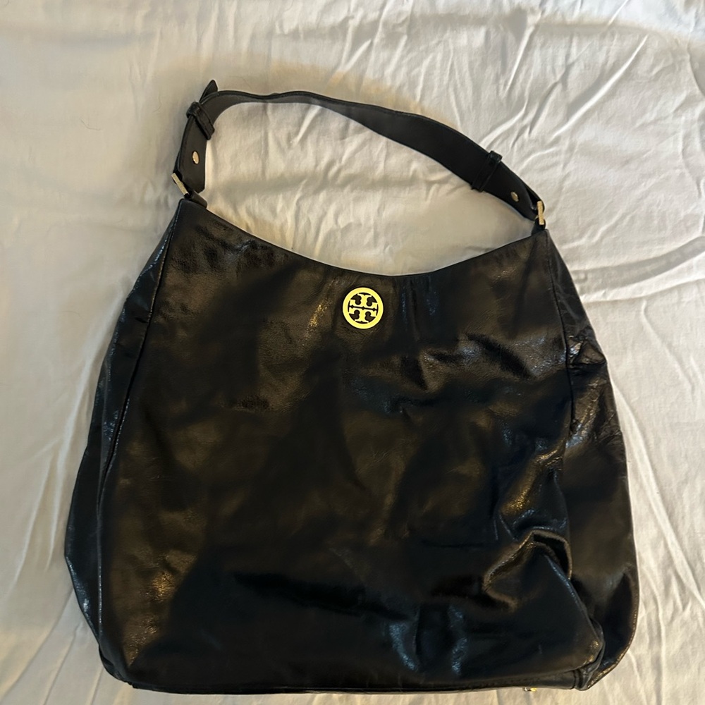 Tory Burch Dena Black Glazed Leather Hobo Shoulder Bag